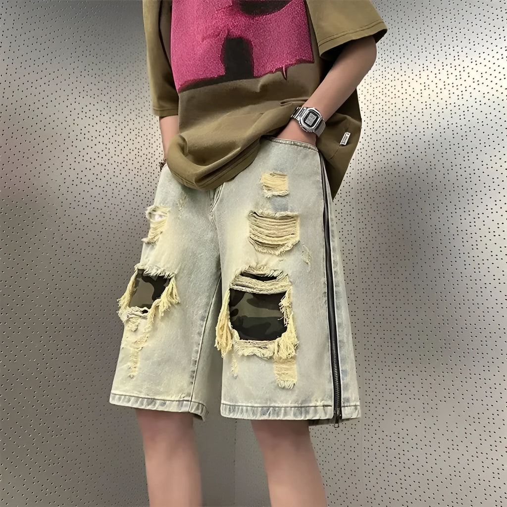 Men's camouflage denim shorts with ripped distressed detailing in straight leg Korean style cut