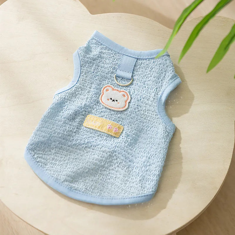 Green knitted cat clothes with hollowed-out design and cartoon bear patch decoration
