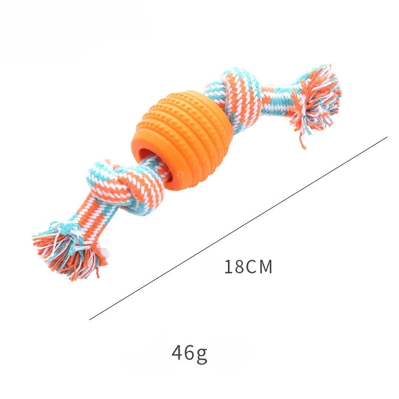 Blue dog chew toy with molar-shaped rubber section and dental cleaning rope strands