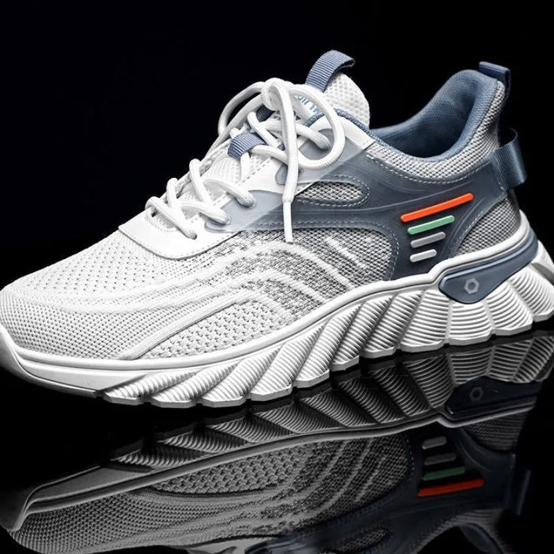 Men's white blue and black platform casual running shoes with mesh upper and cross shoulder straps