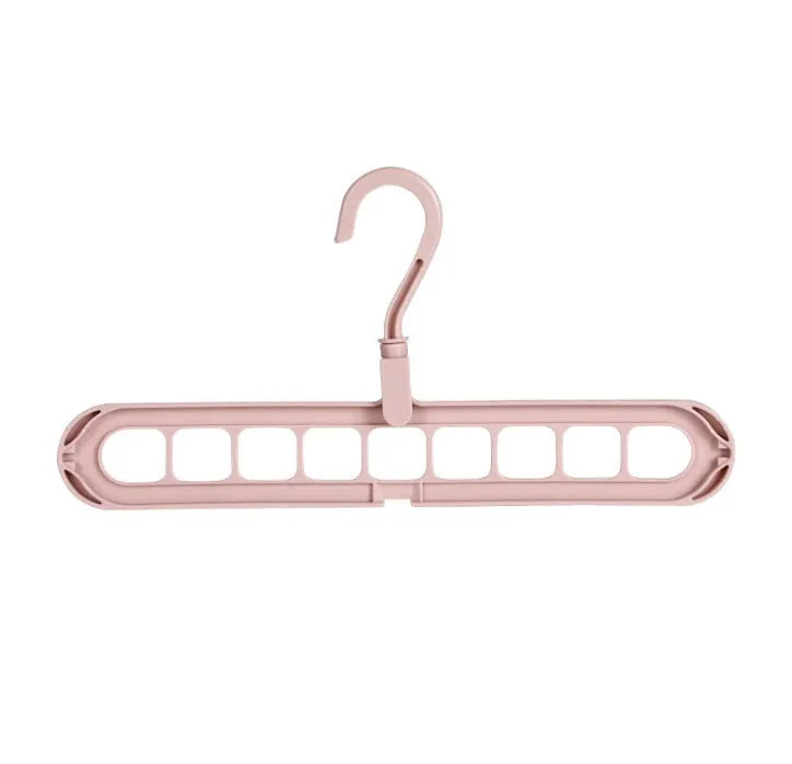 Plastic clothes hanger with 360-degree rotating hook in pink or green, measuring 33cm long