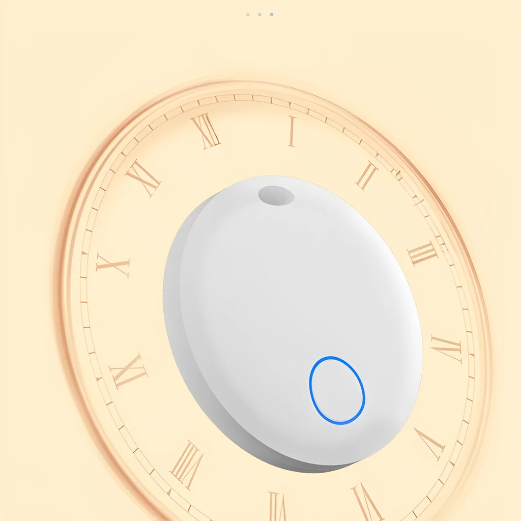 GPS pet tracking device for cats and dogs shown with a collar, featuring global positioning and a long-life battery.