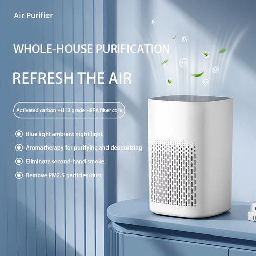 Simple style desktop air purifier with USB cable on a wooden desk.