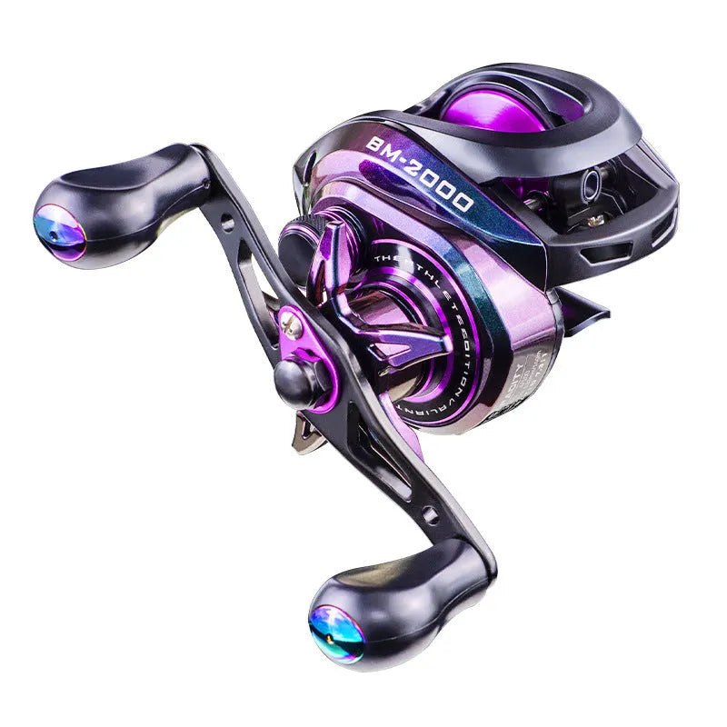 BM2000 fishing reel with water drop shape and magnetic brake system, shown in left-hand and right-hand retrieve options.