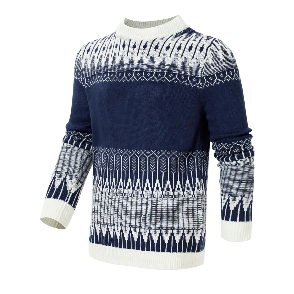 Men's soft knitted long-sleeved pullover sweater on a model, showing style variation.