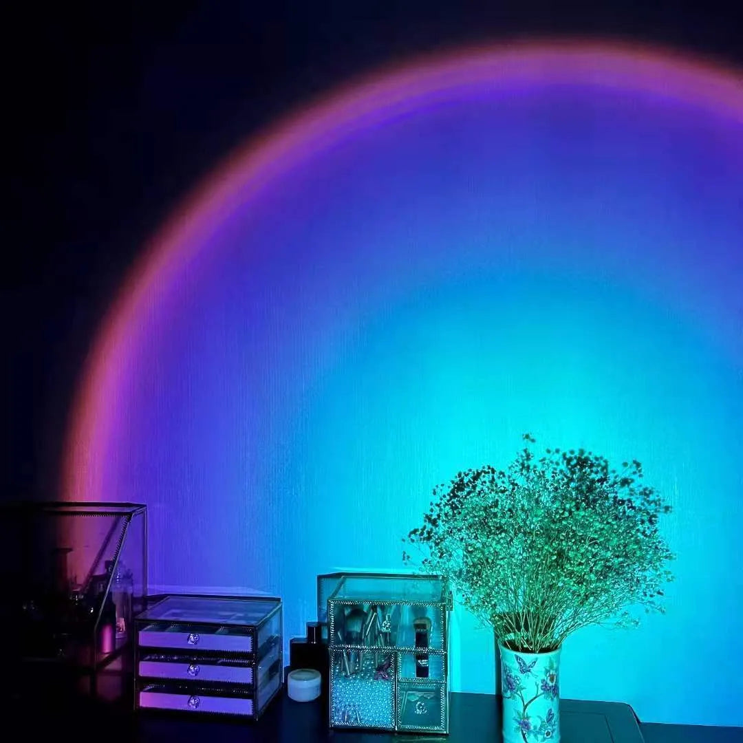 Rechargeable rainbow sunset projection lamp with USB power option in sunset red colour