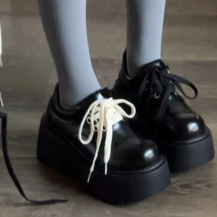 Women's matte black retro lace-up shoes with thick sole and 6-8cm heel