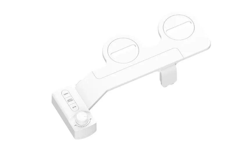 Button-operated manual drain cleaning tool with removable nozzle in pure white, compatible with international pipe standards