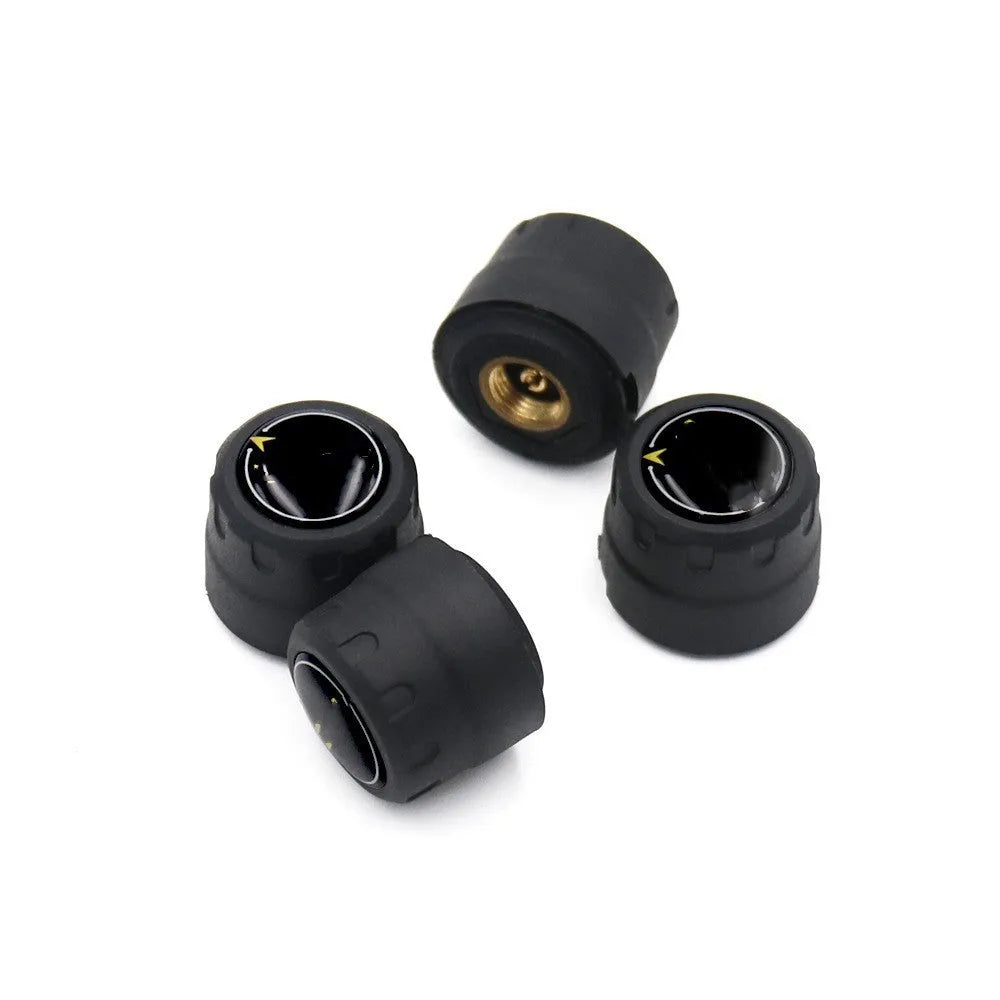 Bluetooth 5.0 automotive tyre pressure monitoring system with four black external sensors and installation tools