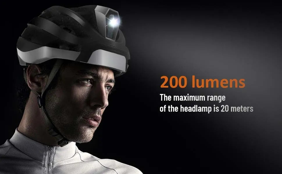 Black and grey smart cycling helmet with integrated LED warning lights on adult model