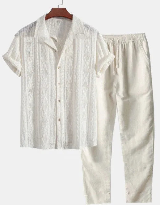 Men's loose-fit short sleeve shirt and trousers suit in milk silk fabric for summer.
