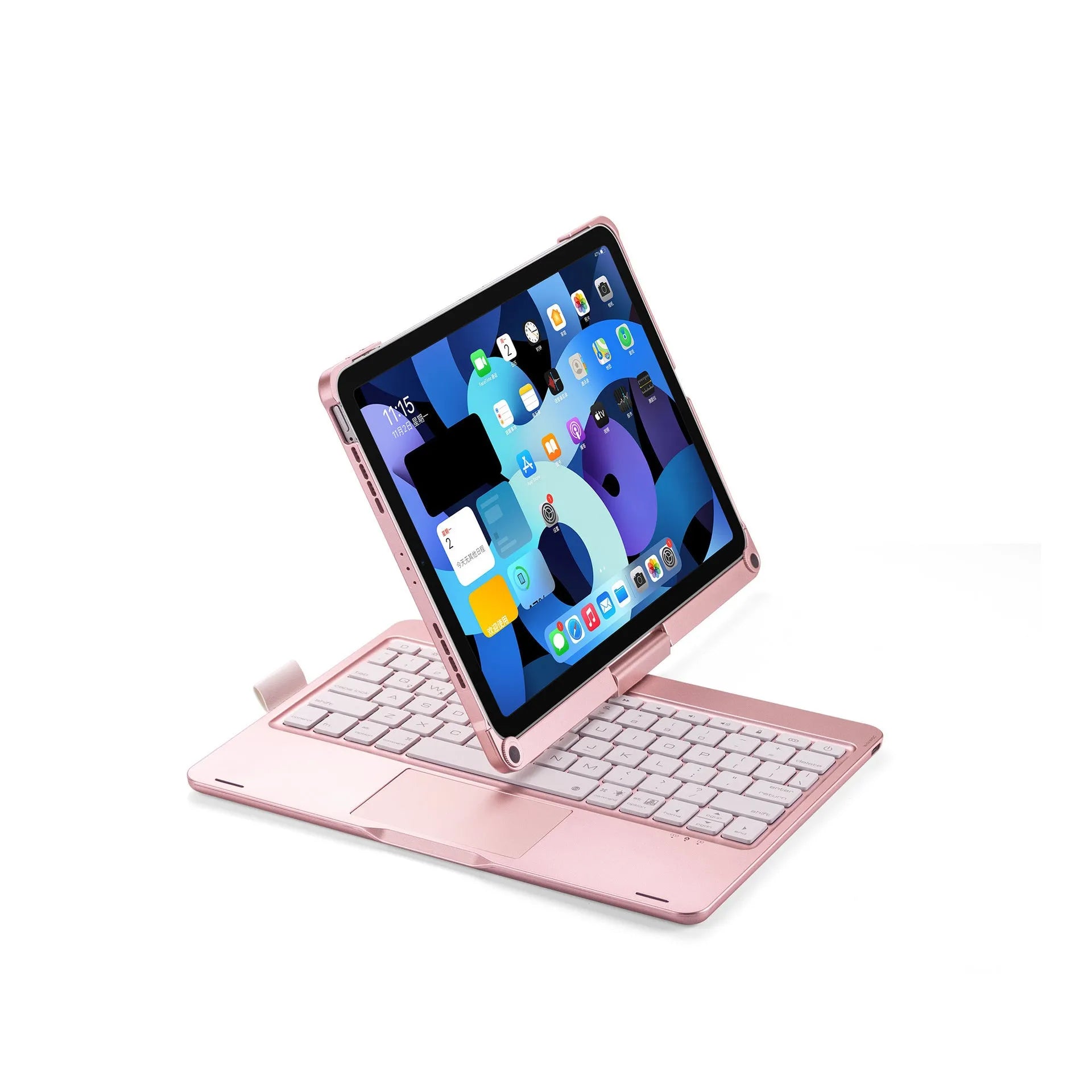 360-degree rotating Bluetooth keyboard for iPad with touch-sensitive trackpad in black, rose gold, or silver