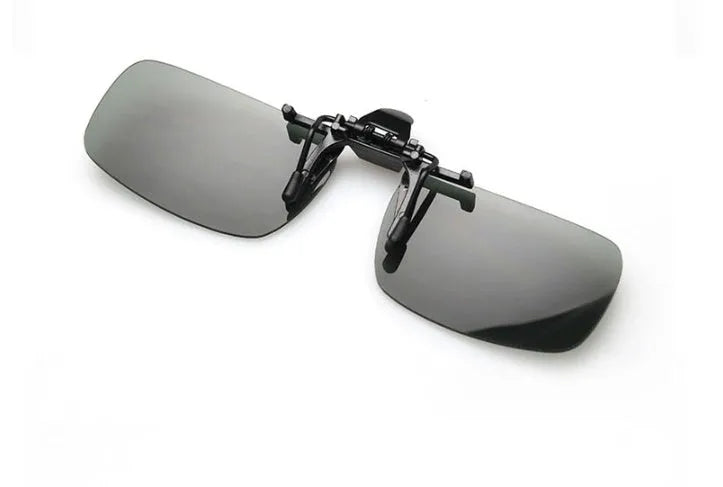 Plastic clip-on sunglasses attachment for prescription glasses, shown with dark green PC lens.