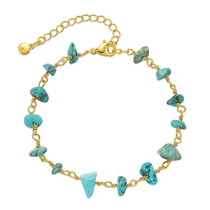 Irregular natural gravel turquoise bracelet with geometry shape and crystal accents on 18K copper