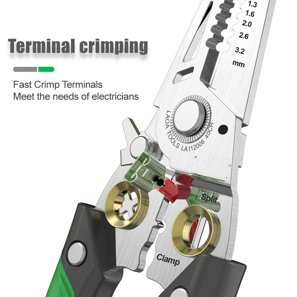 Stainless steel 7-in-1 wire stripper and crimping tool with two-colour handle for 0.8-3.2mm cables.