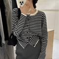 Women's dark grey and white striped cardigan with slim fit and 40cm length