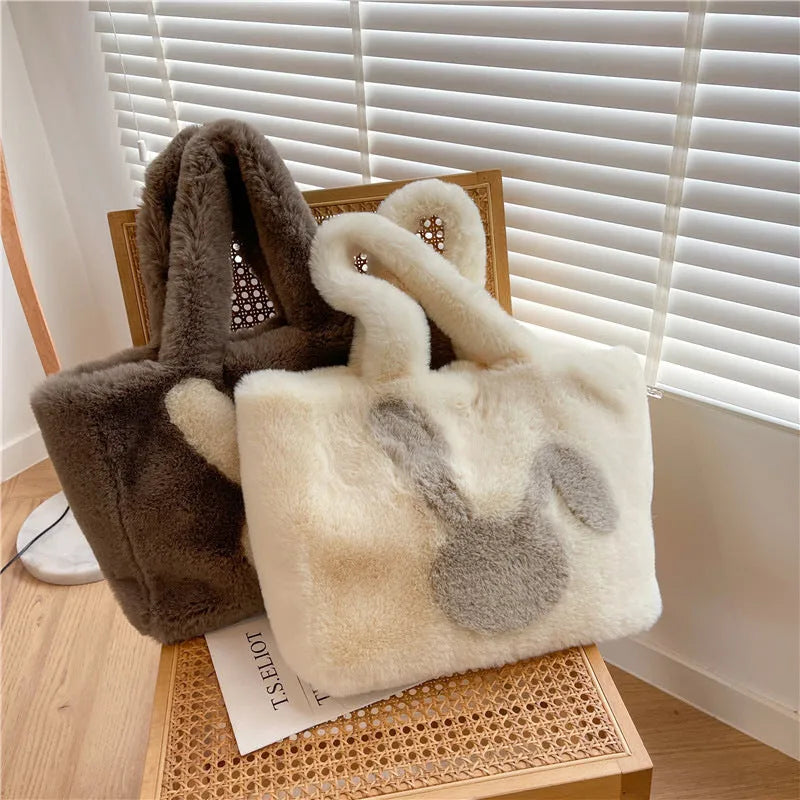 Plush tote bag with rabbit ears in solid colour with large capacity shoulder strap