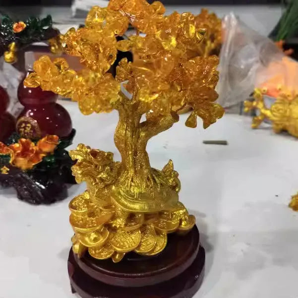 Citrine resin Feng Shui money tree ornament with water turtle design measuring 18cm tall