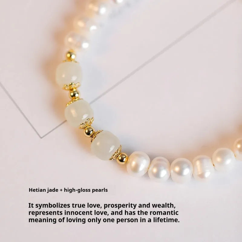 Natural freshwater pearl bracelet with diamond-shaped pearls in Hetian jade colours