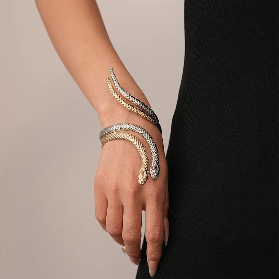 Two-piece exaggerated twisted winding simulated snakes ring and bracelet set with electroplated gold finish