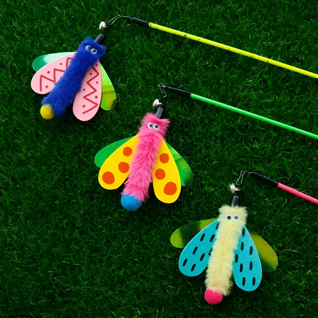 Blue cat wand toy with dragonfly attachment and bell on 49cm stick for interactive indoor play
