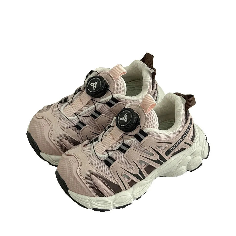 Girls' lightweight casual shoes in breathable PU leather mesh, shown in solid black, beige, or pink.