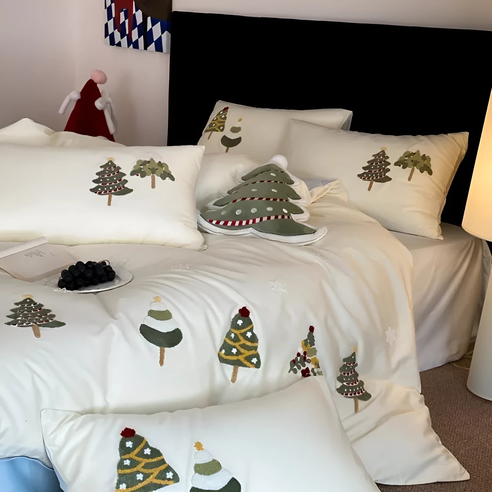 Pure cotton bedding set with Christmas tree embroidery showing duvet cover, sheet, and pillowcases