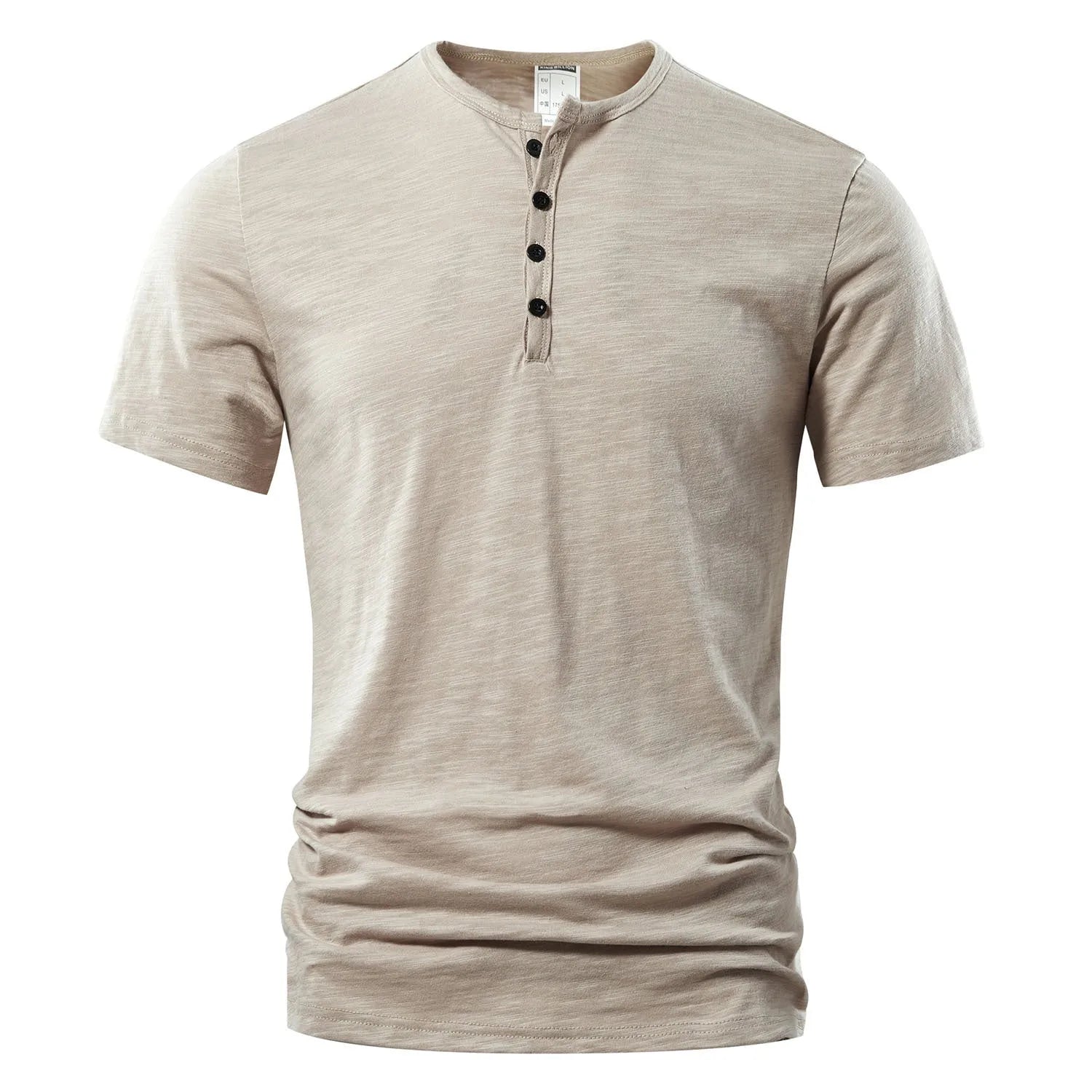 Men's slub cotton solid colour short sleeve t-shirt in denim blue, laid flat.