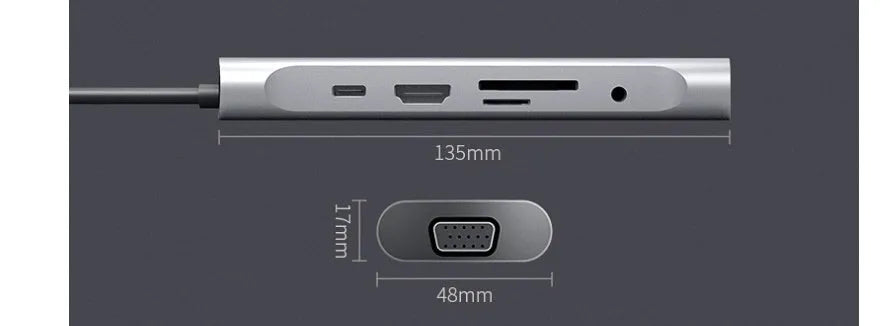 Grey aluminium USB-C docking station with HDMI, VGA, USB ports, and a short connecting cable