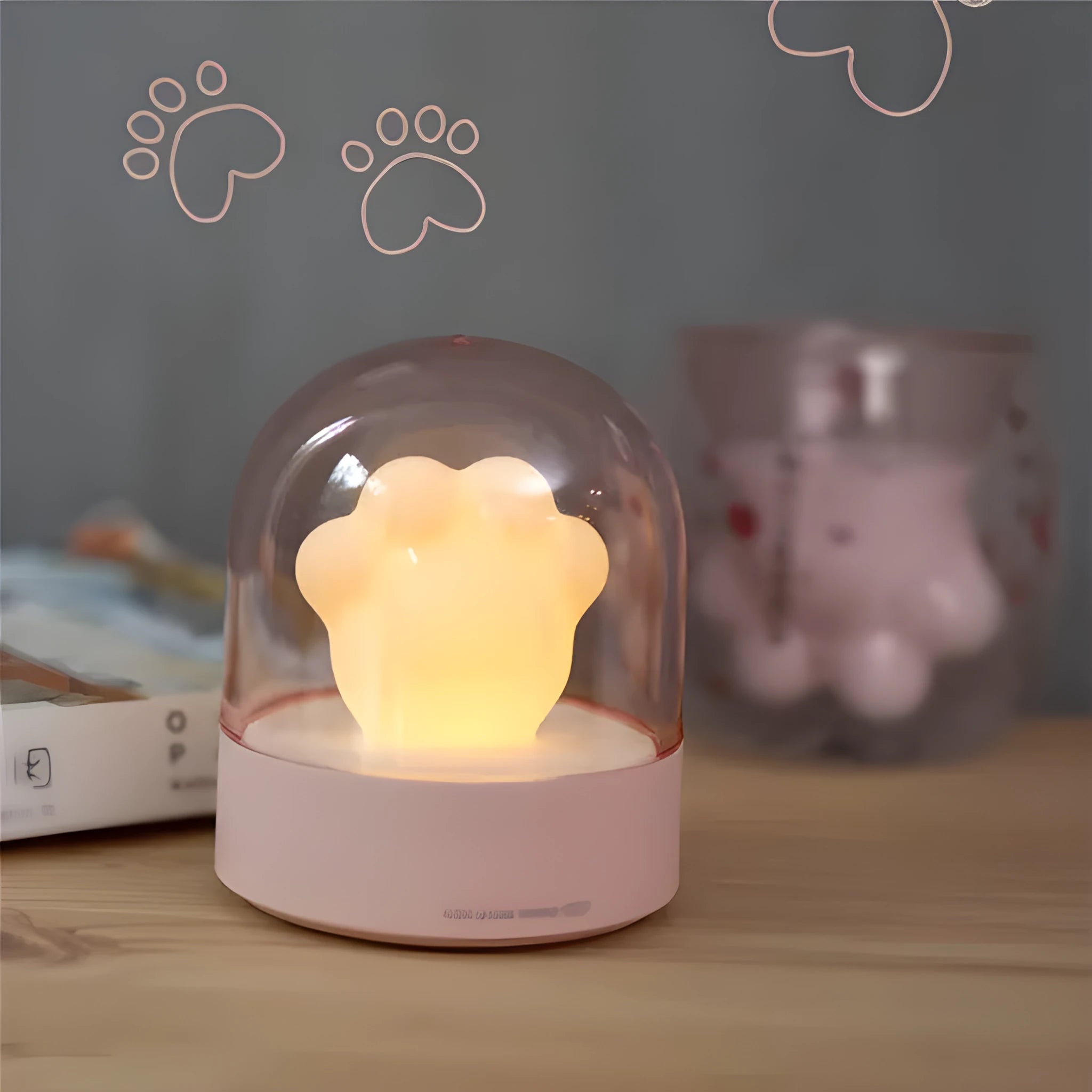 Grey cat paw shaped USB rechargeable night light with music box and rotating soft light