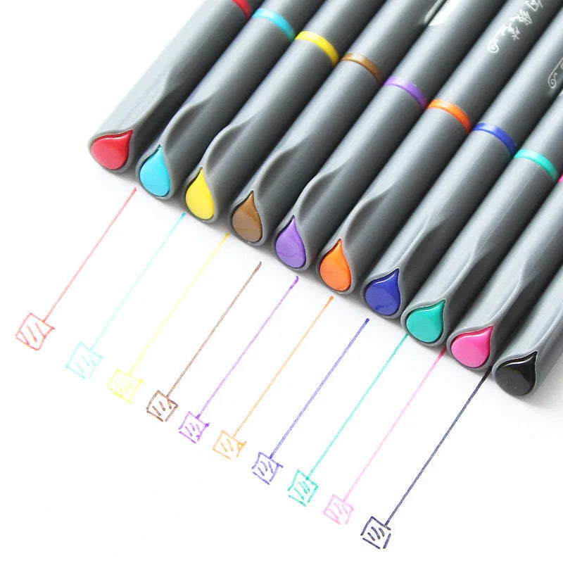 Pack of ten black hook line technical drawing pens with 0.38mm tips.