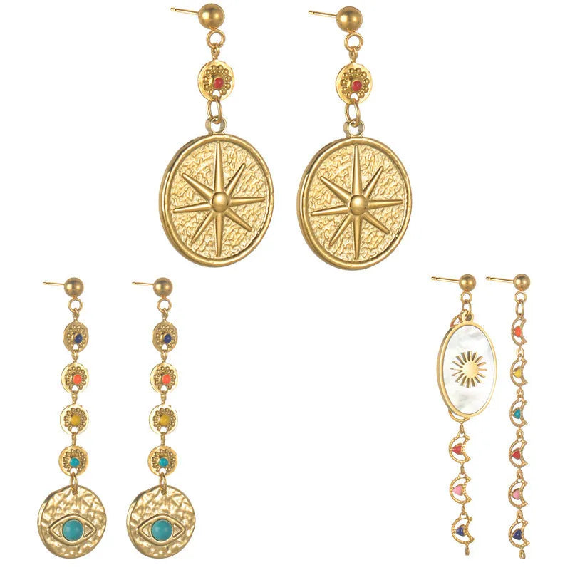 Stainless steel geometric earrings showing three style options: Eight Awn Star, Eye, and Shell Sun designs