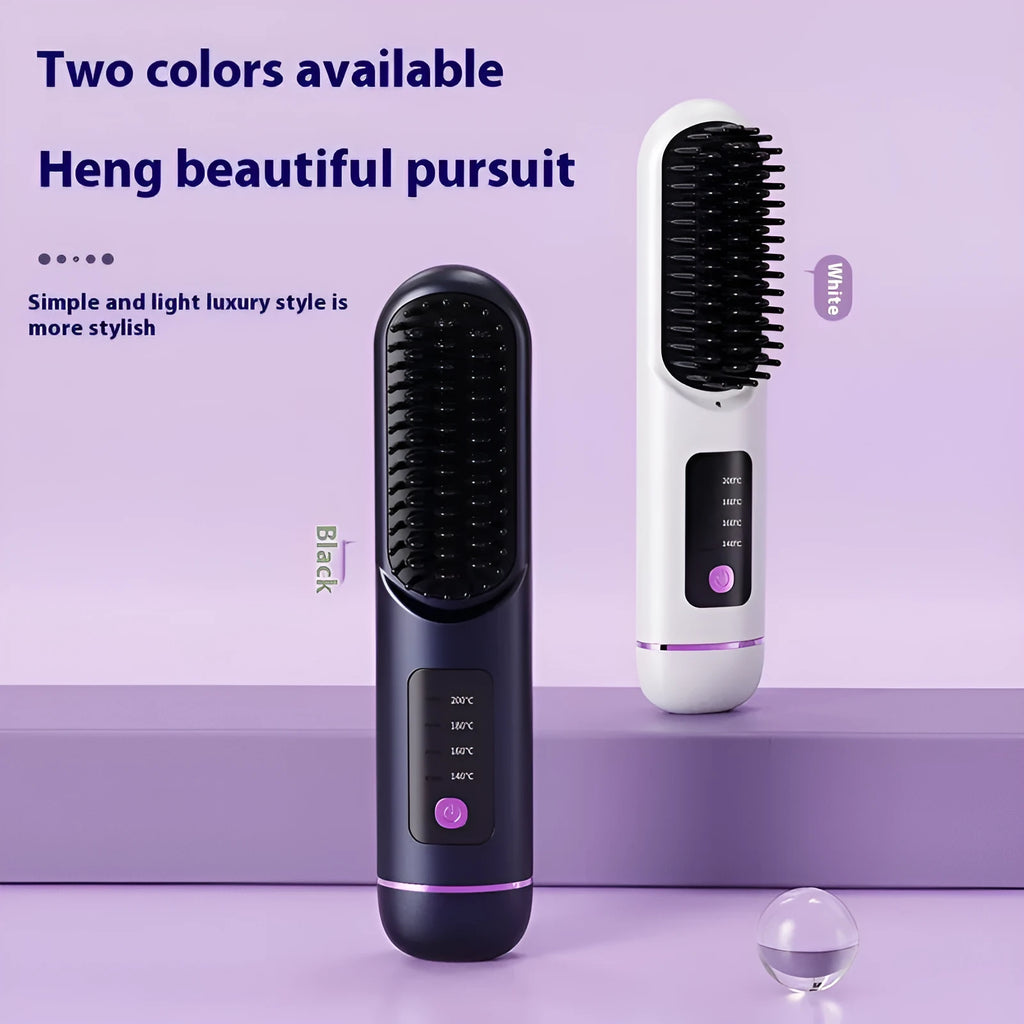 A portable negative ion straightening comb in blue, grey, or white, showing its teeth and compact 20cm design.