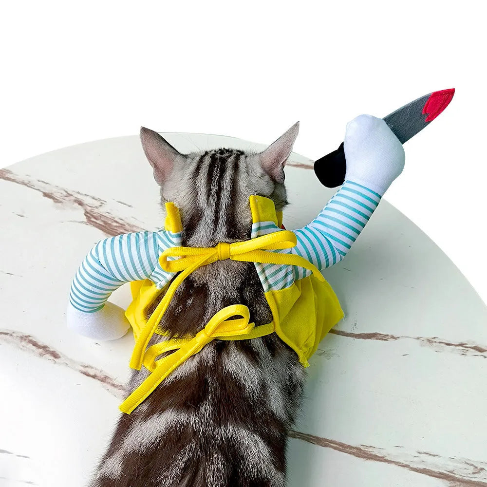 Yellow knife assassin costume clothing for cats on pet model showing design details