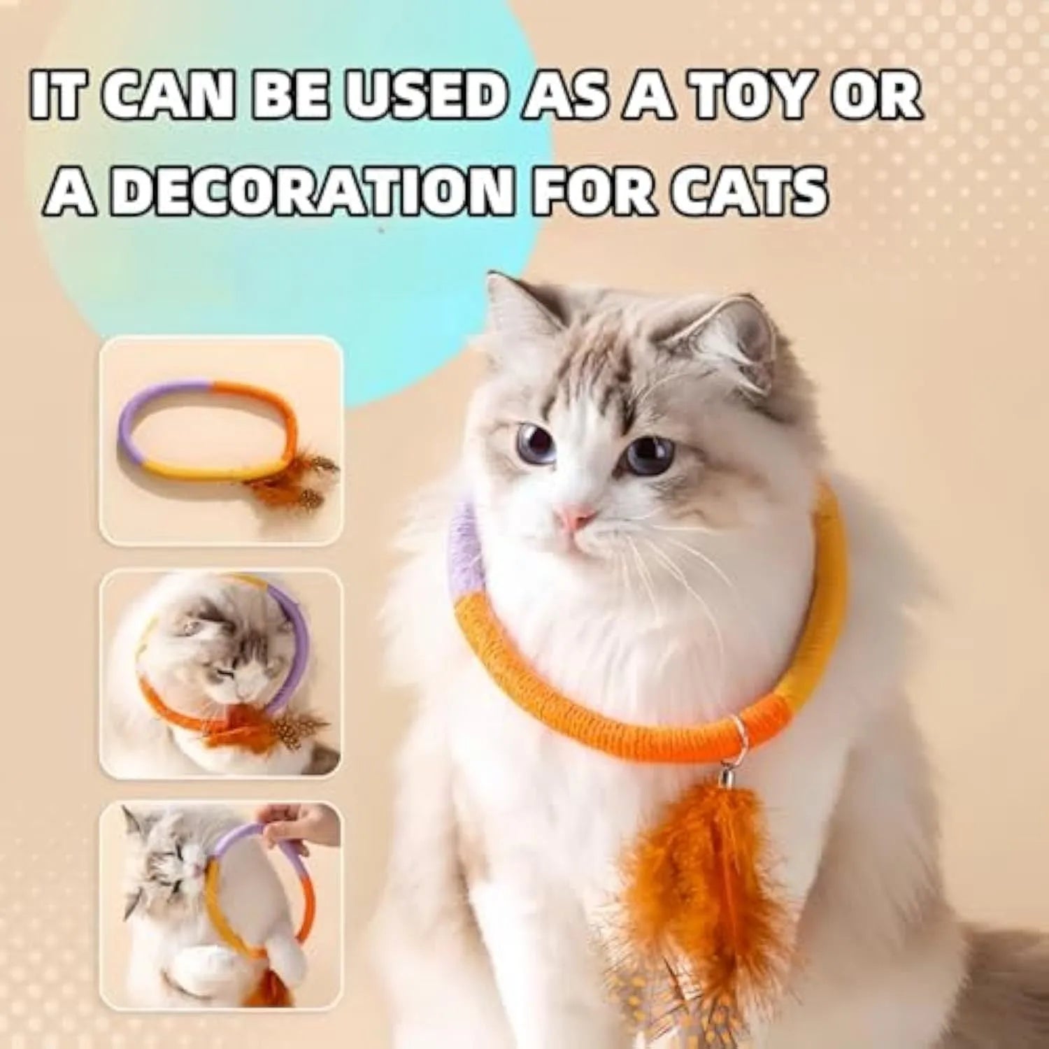 Circular green cotton rope cat toy with feathers and catnip filling for chewing and interactive play