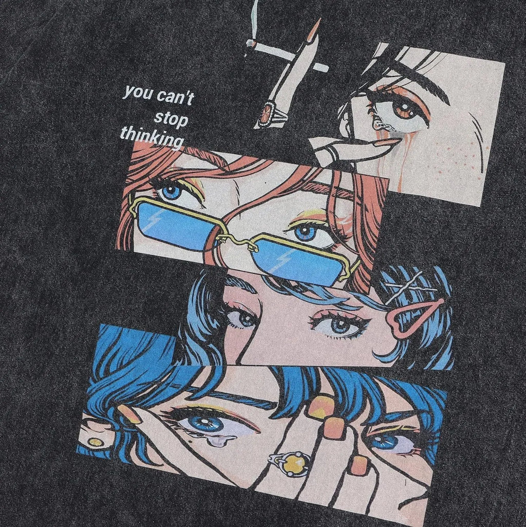 Men's black loose fit cotton t-shirt with cartoon digital print and short sleeves