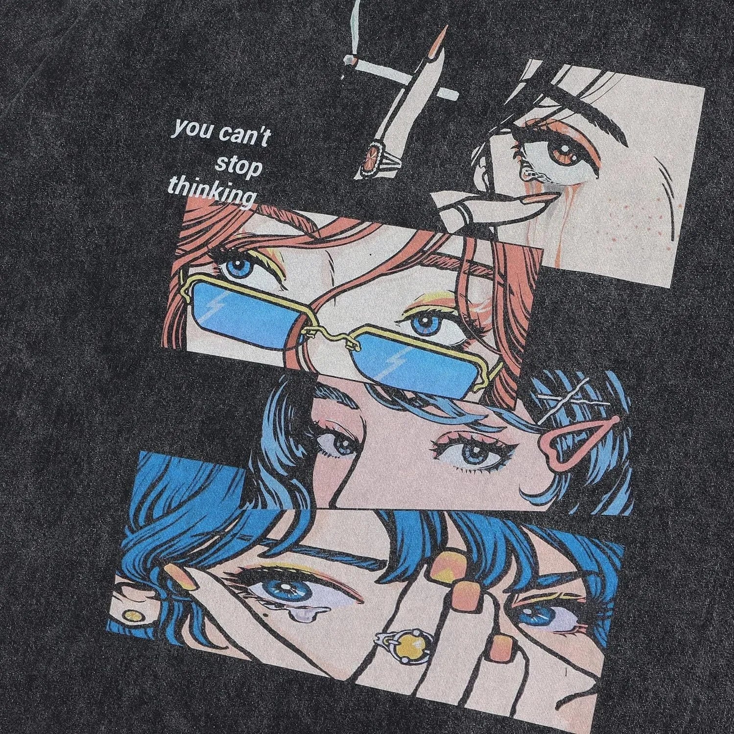 Men's black loose fit cotton t-shirt with cartoon digital print and short sleeves