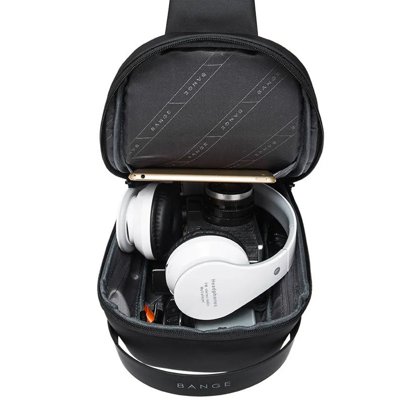 Men's black Oxford cloth business shoulder bag with USB charging port and multiple compartments