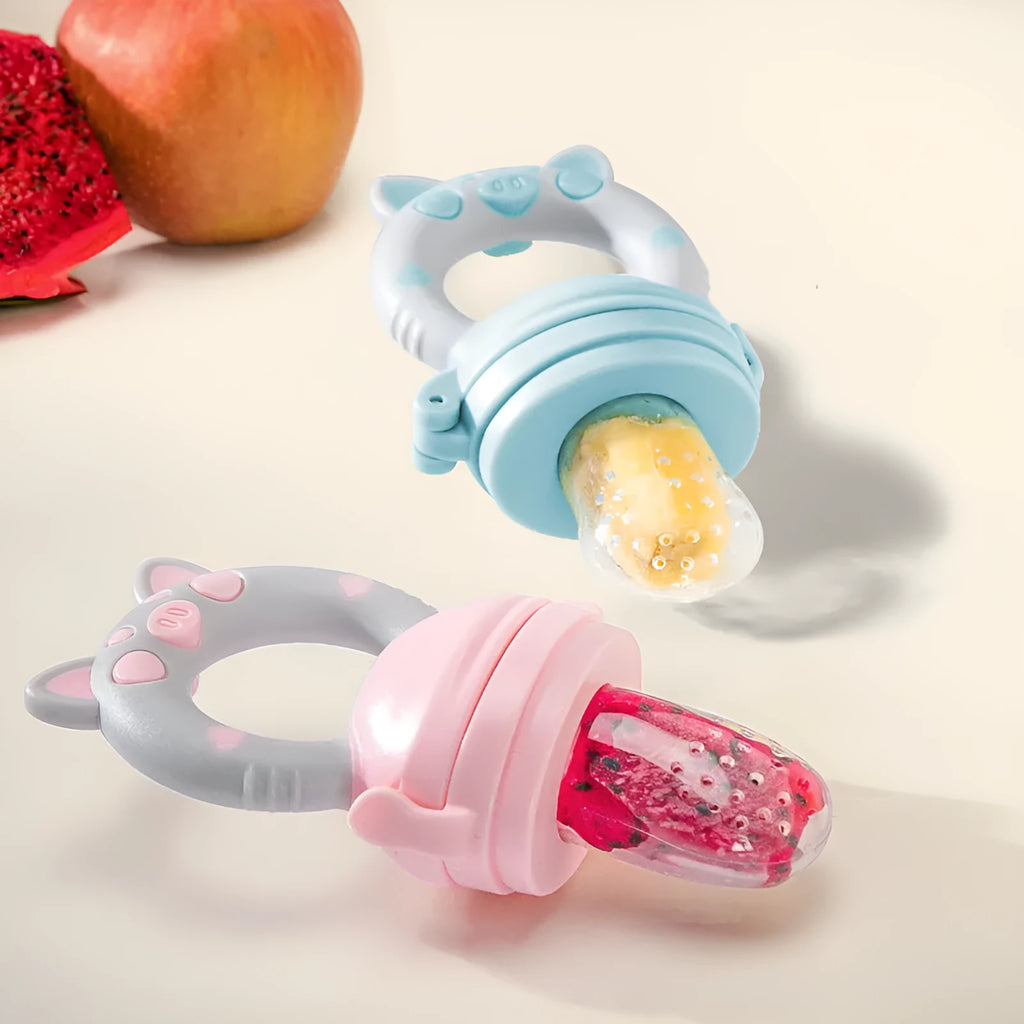 A blue silicone baby teether with three interconnected textured mouthpieces for chewing.