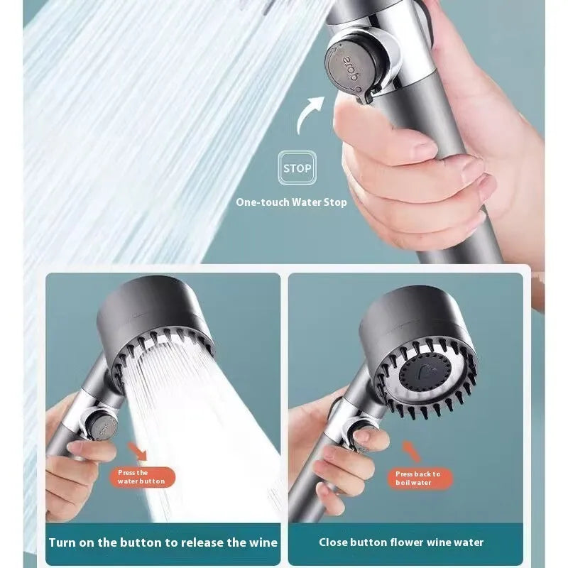 Portable ABS plastic shower head with modern simple design and three spray settings.