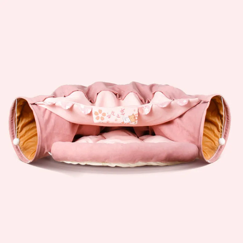 Collapsible cloth cat tunnel in choice of bar, coffee, matcha, or pink colours, shown folded and unfolded