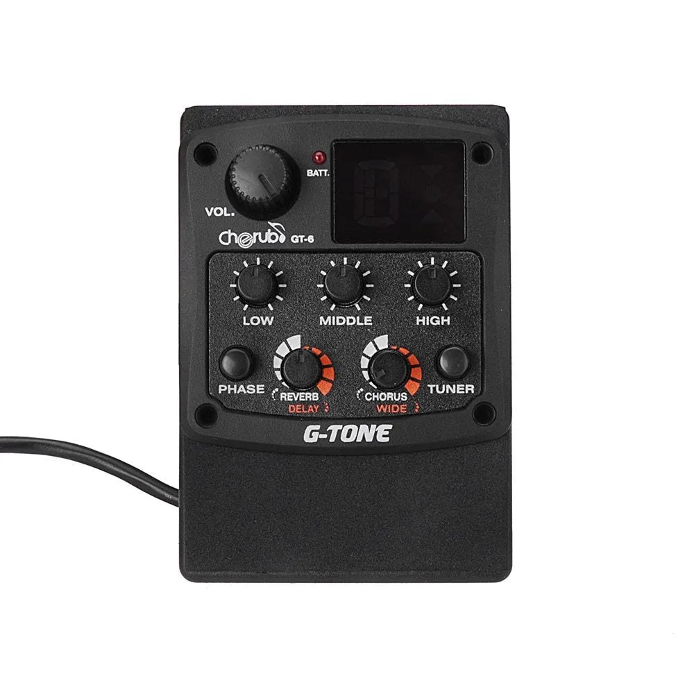 Cherub GT-6 black acoustic guitar EQ unit with piezo pickup and rotary controls for 3-band equaliser and effects