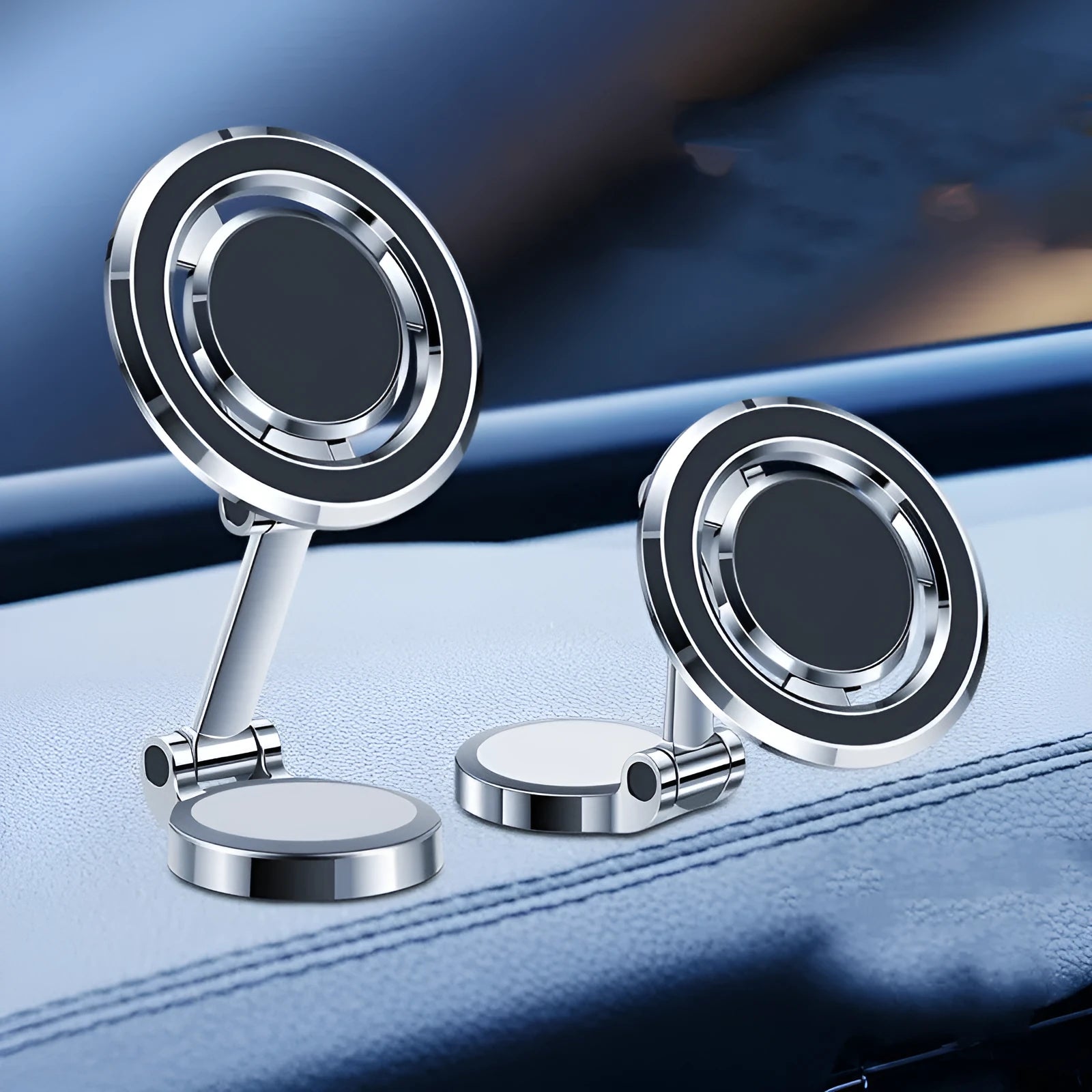Car mobile phone holder with flexible clip and 360-degree rotation bracket in black and silver colours