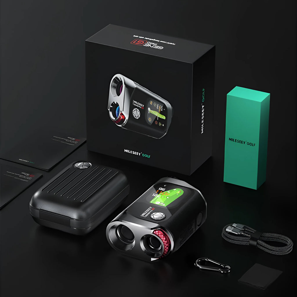 Black GenePro G1 golf GPS rangefinder with AMOLED display showing distance measurement