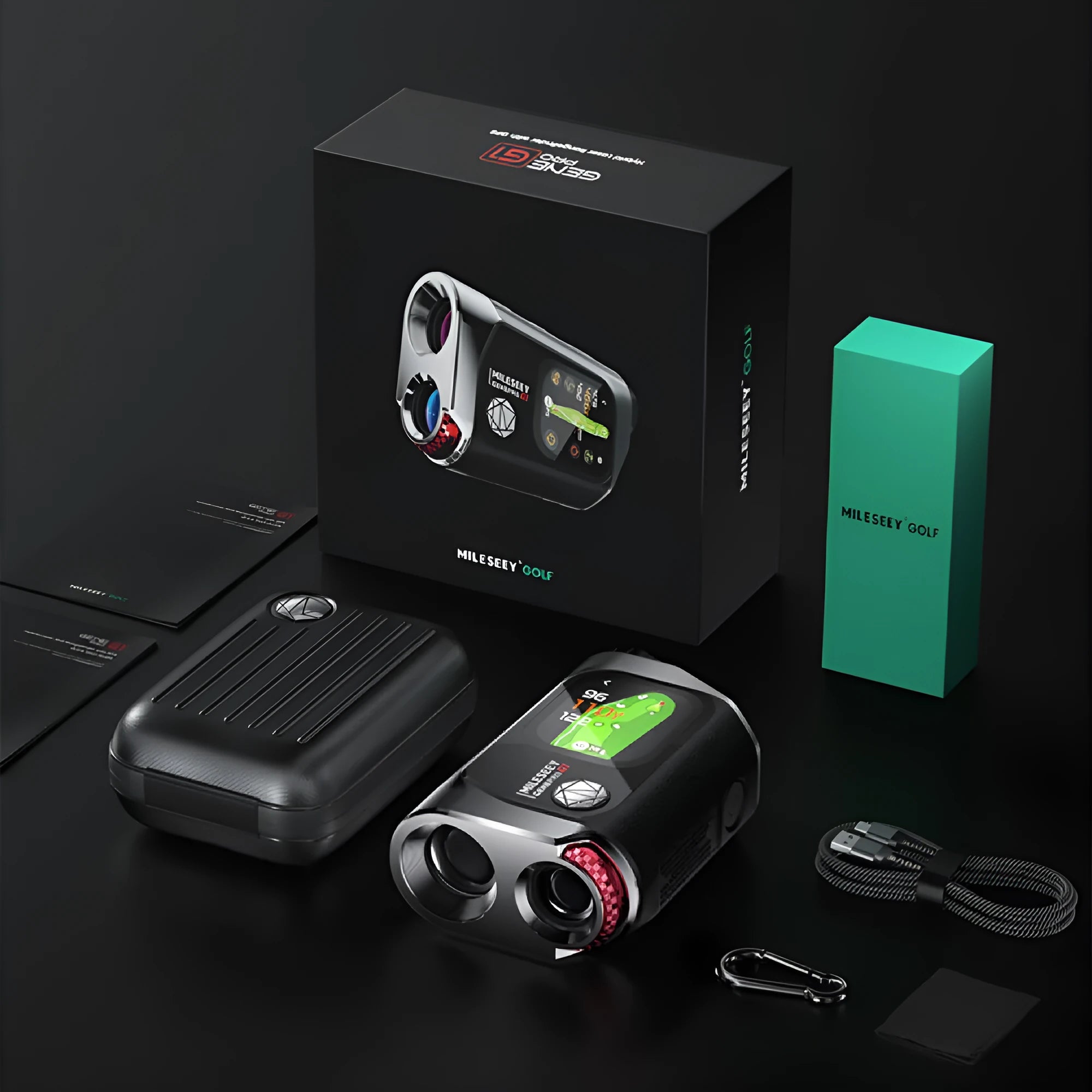 Black GenePro G1 golf GPS rangefinder with AMOLED display showing distance measurement
