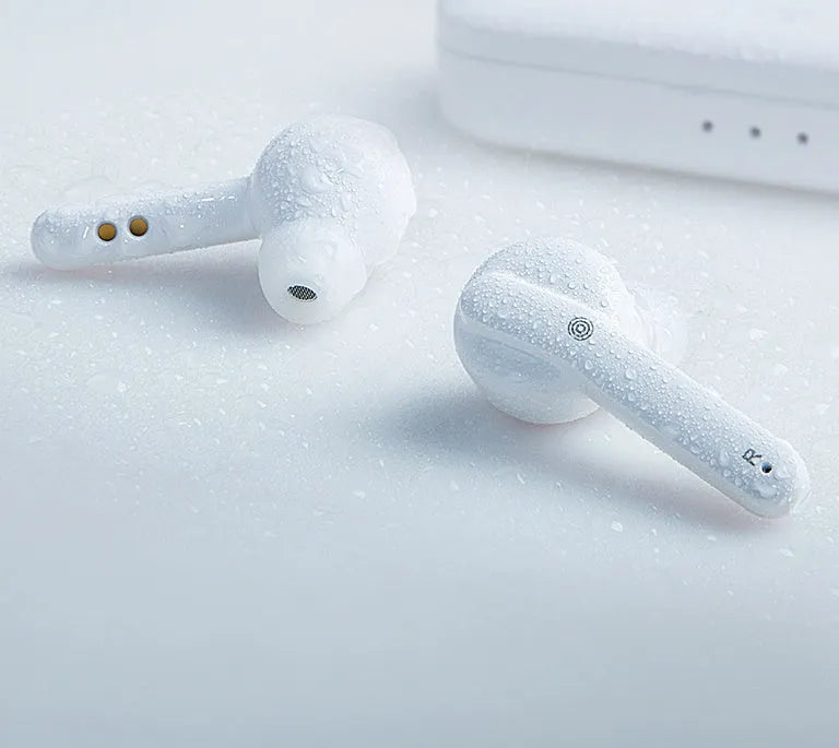 Black and white TWS Bluetooth wireless earbuds with IPX5 waterproof rating