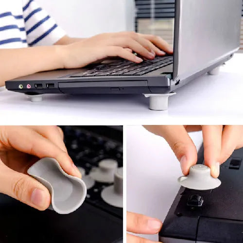 Grey plastic laptop cooling pad set showing two larger and two smaller pads for temperature reduction