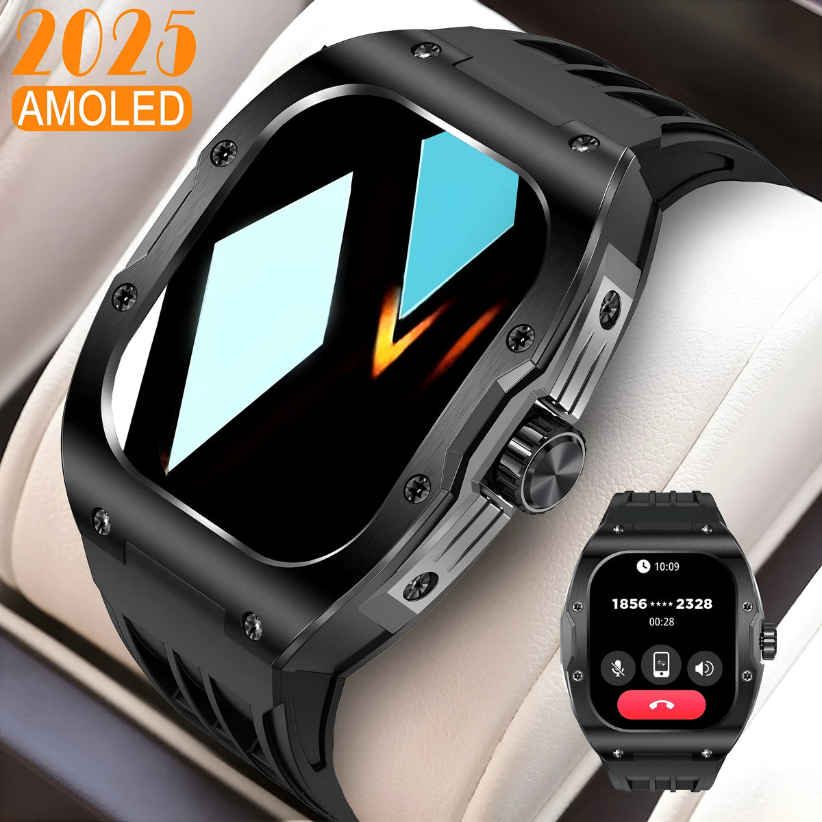 Smart watch fitness sports bracelet for men with AMOLED screen, shown in black blue tape tab colour.