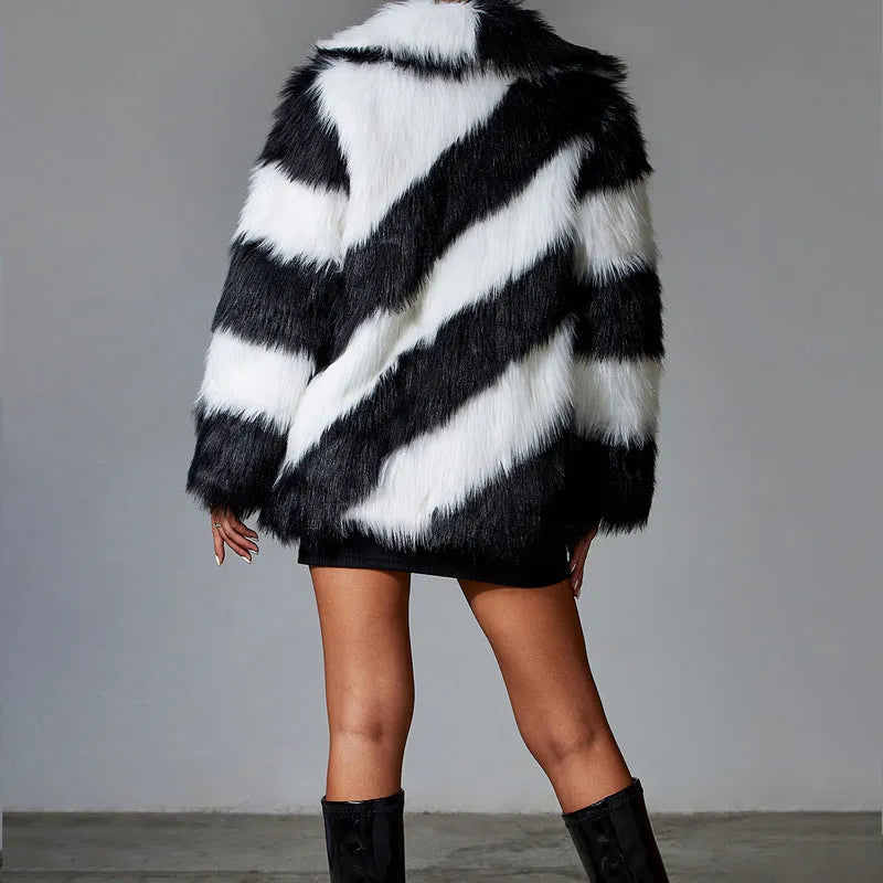 Women's faux fur coat with contrast lapel trim and detachable fur collar in picture colour