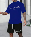 Men's polyester short sleeve suit set with round neck pullover top and matching shorts in multiple colours